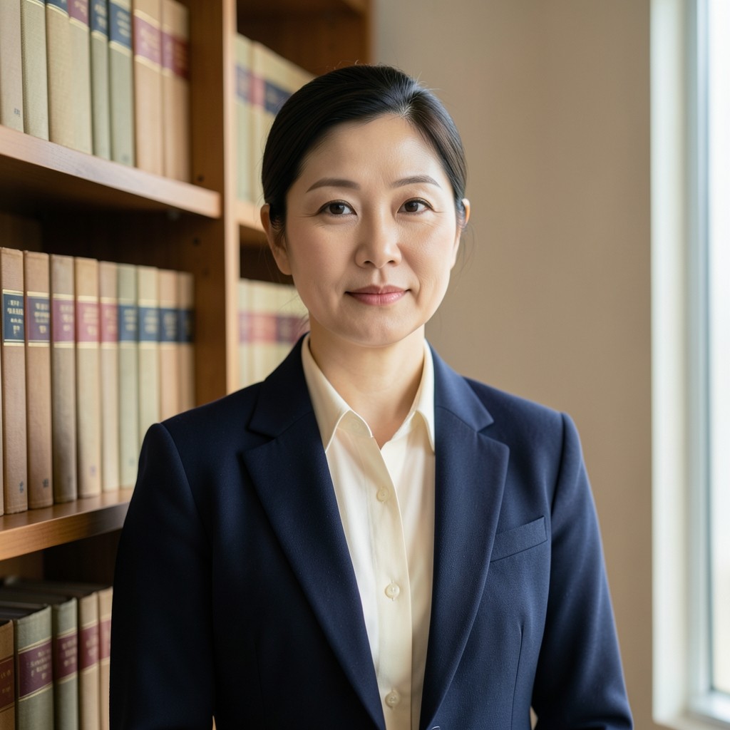 Principal reader standing beside tall shelves of plain clothbound books