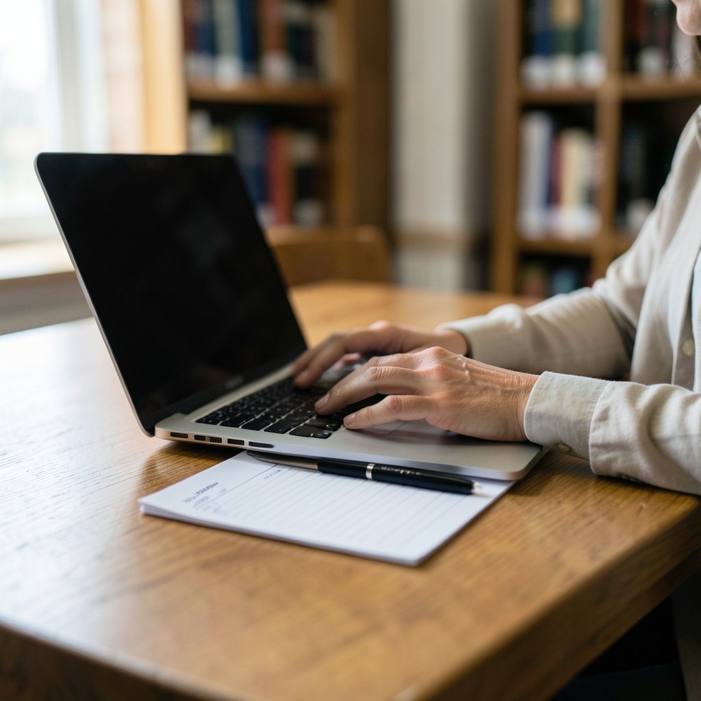 Hands resting beside a closed laptop and a blank checklist on a desk