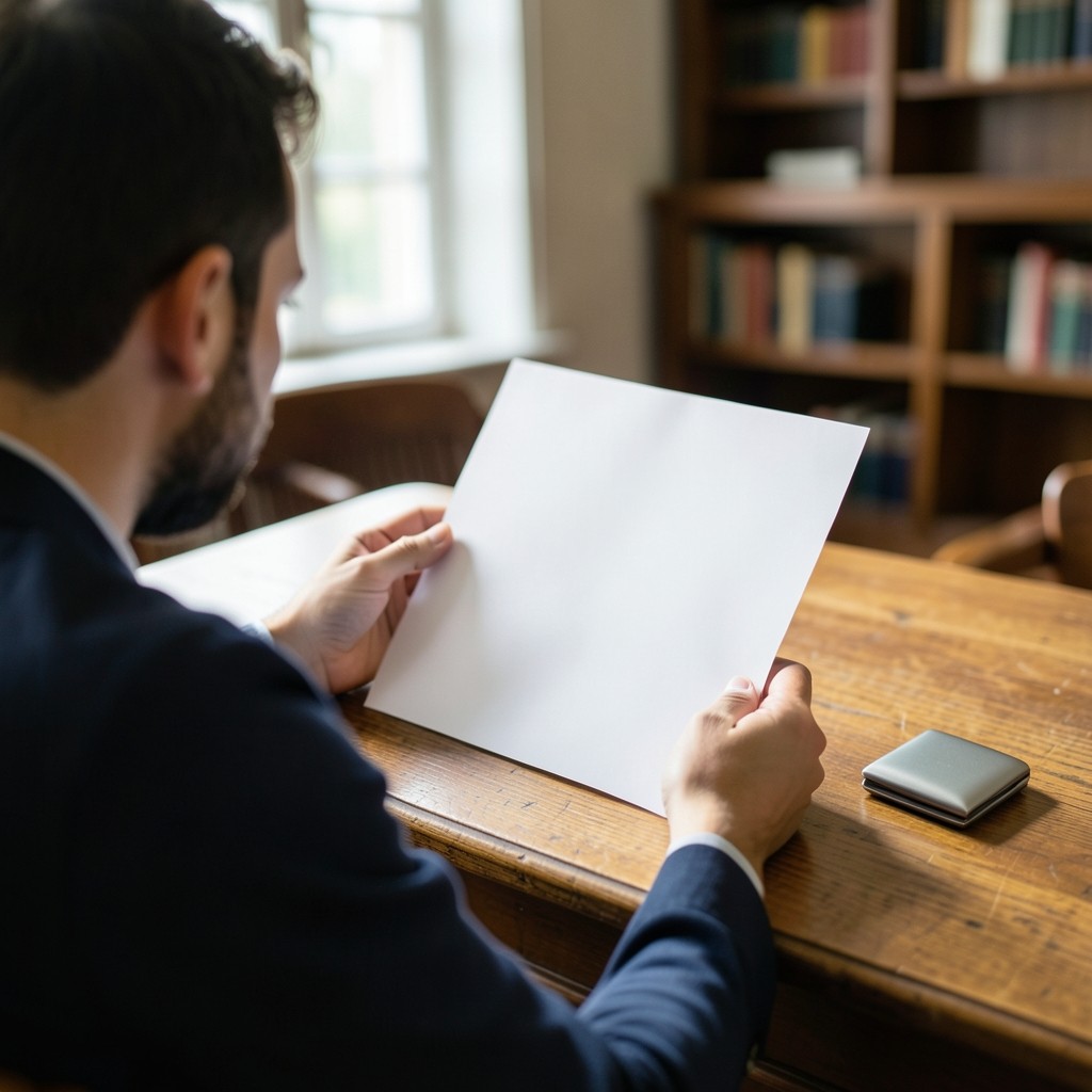 A person reading a blank sheet at a desk before a small unbranded device