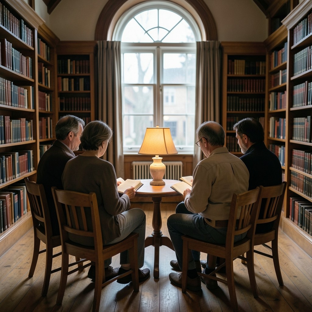 An evening reading circle seen from behind, with people holding plain booklets under a lamp