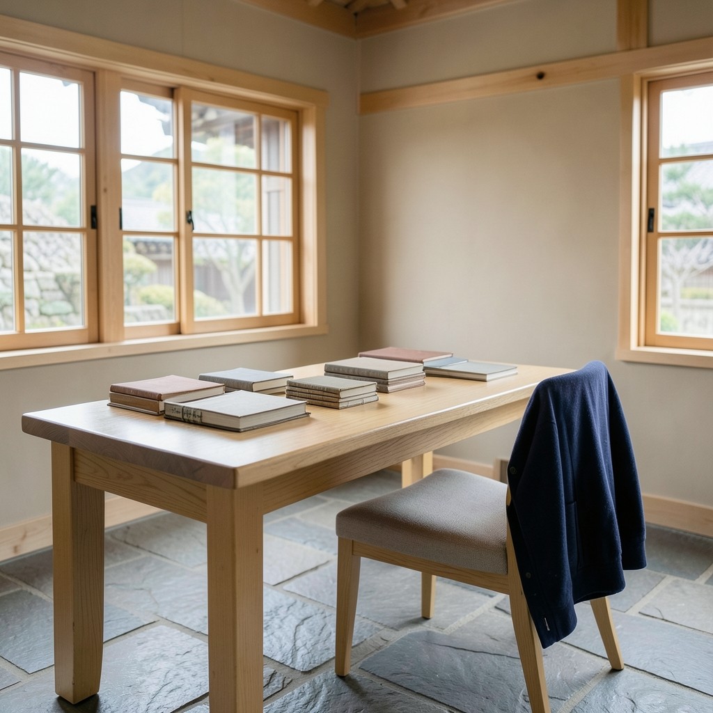 Sunlit reading room with a long wooden table, plain notebooks, and an empty chair by tall windows