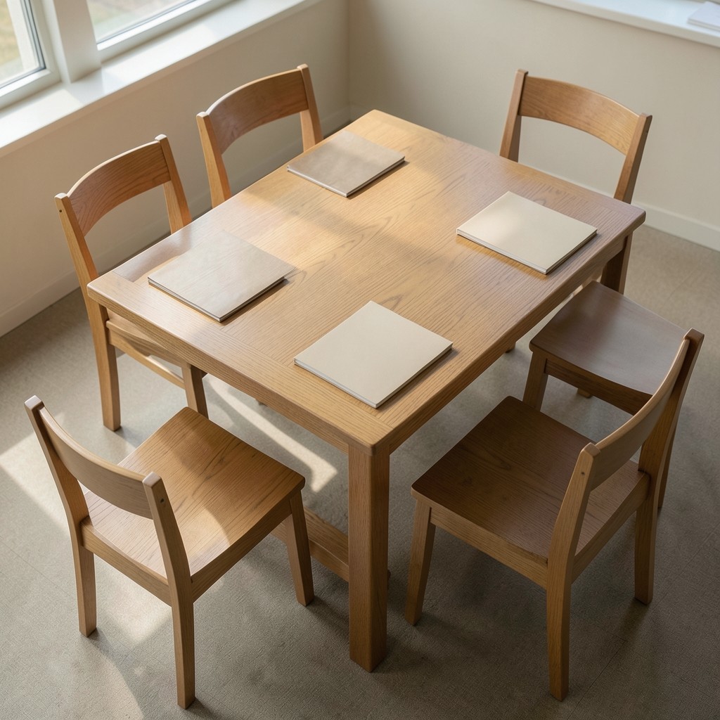 Six empty chairs around a rectangular table set with closed plain notebooks