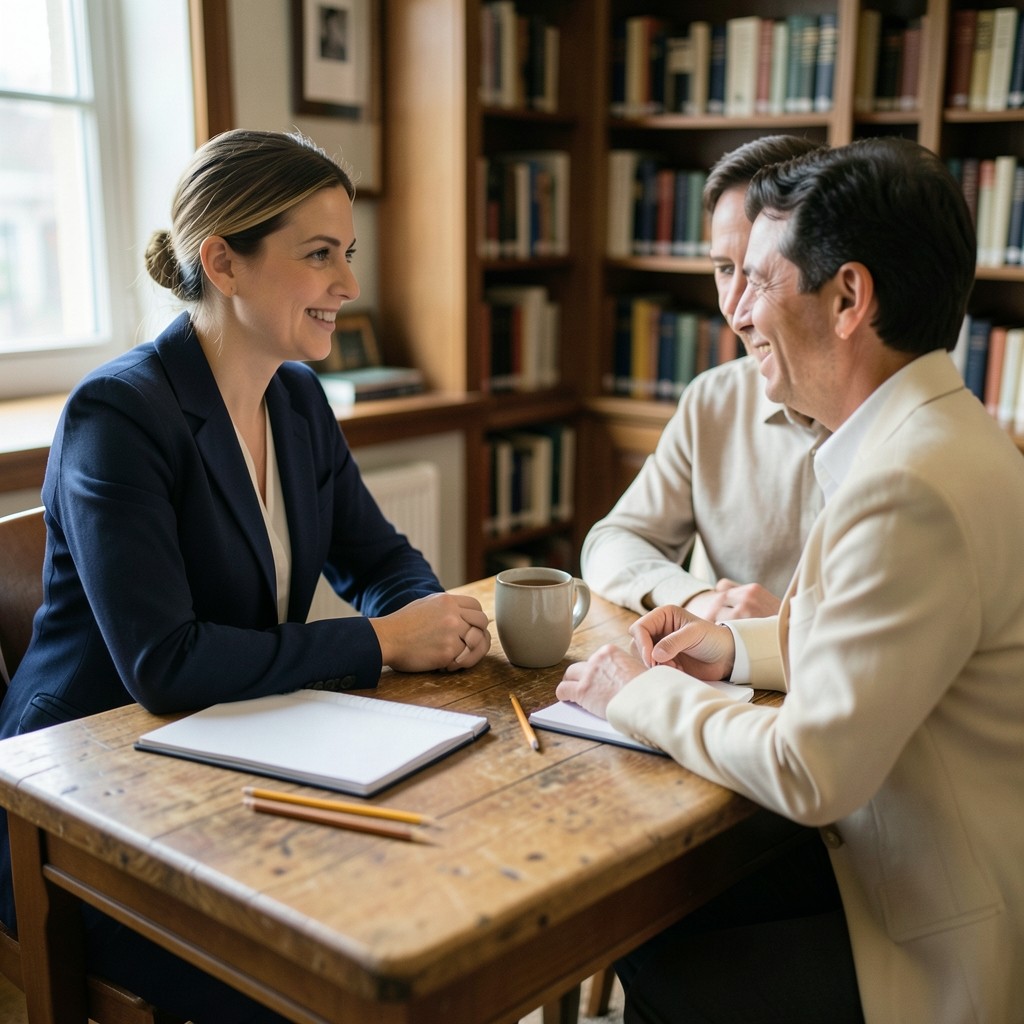 Two people seated across a wooden desk with open blank notebooks in a quiet library