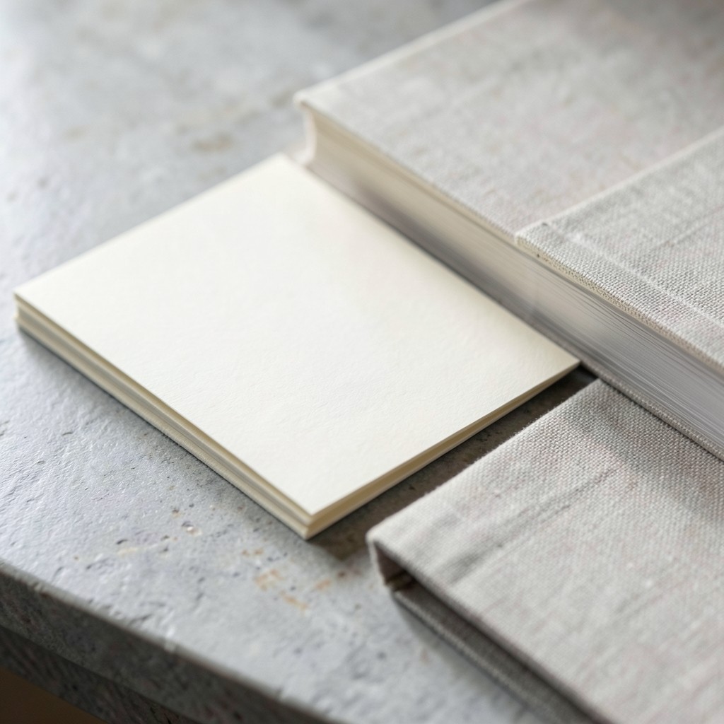 A plain paper library card beside a stack of unmarked bound booklets on a stone counter