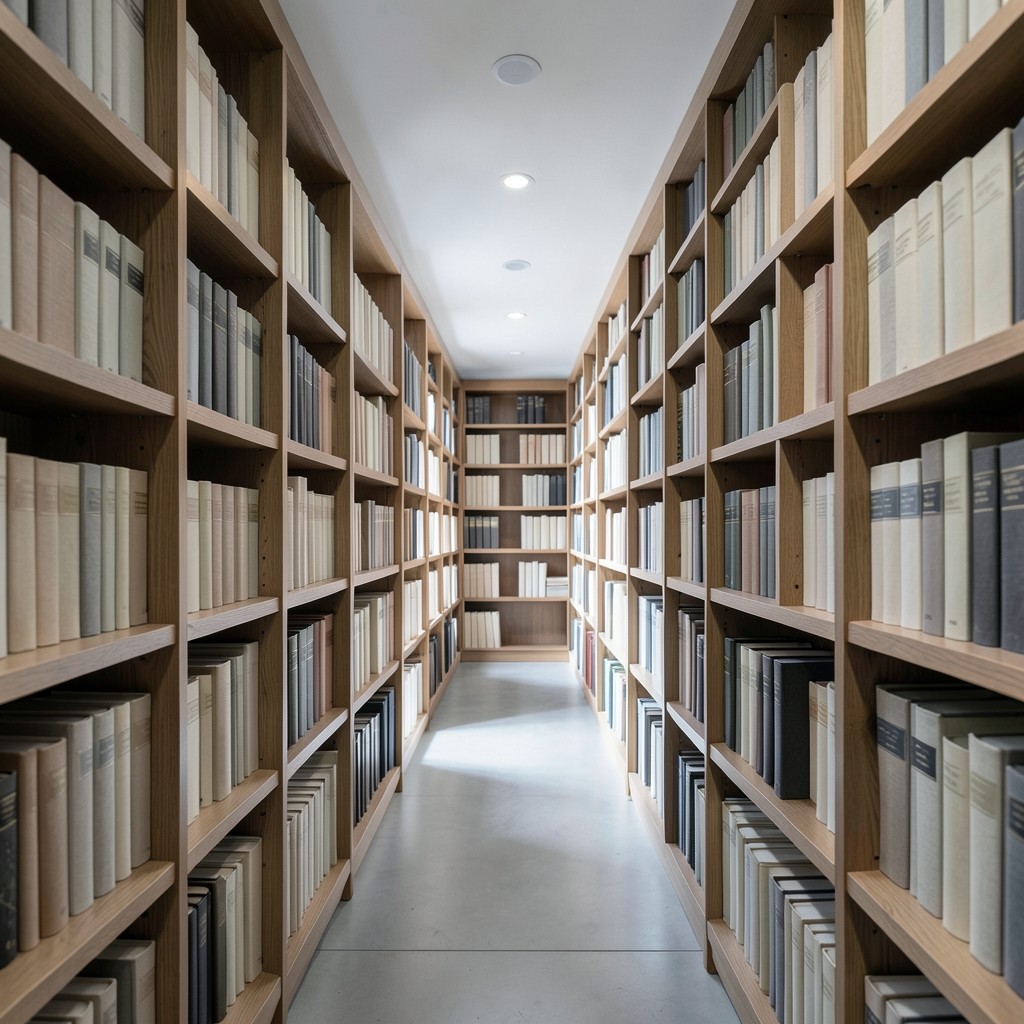 A narrow aisle of tall wooden shelves filled with plain clothbound volumes